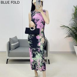 Casual Dresses Pleats 2024 Miyake Printed Sleeveless Large Size Long Dress Women's Fit Slim Pleated Elegant Vestido Robe