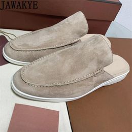 Slippers JAWAKYE Men's Suede Leather Slip-on Mules Flat Heel White Sole Casual Couple Shoes For Men Lazy Loafers