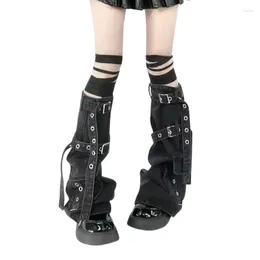 Women Socks Denims Leg Warmer With Metal Buckled Harajuku Punk Knee Highs Flared Boot Cover F0T5