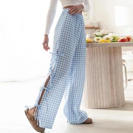 Women's Pants Plaid Stripe Print Side Lace Up Wide Leg Woman Loose Lounge Wear Trousers Summer Casual High Waist Bottoms Pyjamas