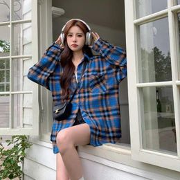 Women's Blouses Vintage Lazy Blue Plaid Long Sleeved Shirt 2024 Spring/Summer Fashion Casual Cardigan Loose Colour Block Coat