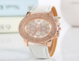 New Fashion Faux Leather Chronograph Roman Numeral Classic Geneva Quartz Ladies Watch Women Crystals Wristwatches Relogio Feminino4346757