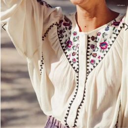 Women's Blouses 2024 Early Spring Women Fashion Retro Floral Embroidered Lantern Sleeve Buttoned Loose Shirt