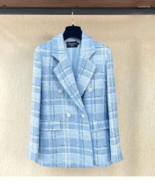 Work Dresses 2024 Spring Autumn Fashion Women's Suits High Quality Blue Plaid Tweed Coat A-line Skirt C907