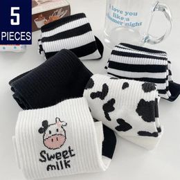 Women Socks 5Pairs Cow Lolita Harajuku Korean Style Cotton Striped Sock Casual Novelty Japanese Fashion Crew JK