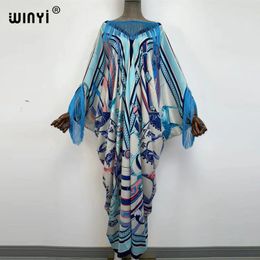 Party Dresses Sexy Bech Tassels Christmas Fashion Print WINYI Robe Femme Long Beach V-neck Evening 2024 Summer Clothes For Women