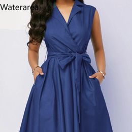 Casual Dresses Waterarea 2024 Summer Women Turn-Down Collar Sleeveless Pure Colour Lace-Up Waist With Wide Sexy Big Swing Dress ZB00651