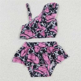 Clothing Sets Western Fashion Baby Girls Rose Red Hat Cow Print Swimsuit Suit Wholesale Boutique Children Beach Clothes Ready To Ship