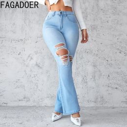 Women's Jeans FAGADOER Light Blue Fashion Hole Denim Flared Pants Women High Waisted Button Pocket Jean Trousers Casual Female Cowboy