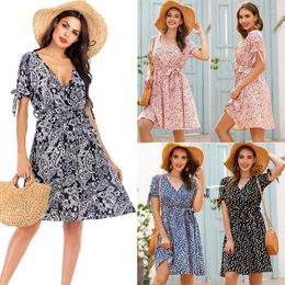 Casual Dresses Trendy Explosive French Floral V-neck Low-cut Bow Tie Short-sleeved Dress Sexy Beach Style Female European And American