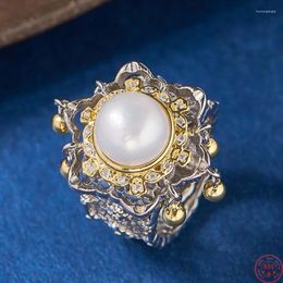 Cluster Rings S925 Sterling Silver Charms For Women Men Fashion Contrast Coloured Hollow Flowers Inlaid Pearl Jewellery