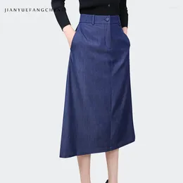 Skirts Women' Blue Denim Skirt With Pockets Mid-length High Waist A-line Pleated Retro 2024 Spring Summer