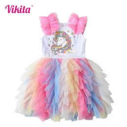 VIKITA Girls Unicorn Cartoon Print Dresses Kids Sleeveless Summer Dress Girls Colourful Mesh Tulle Layered Tutu Princess Dresses 240430