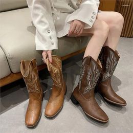 Boots Chunky Western Cowboy Women's Summer Embroidered Mid-calf Retro Sleeved Slimming Knight C1134