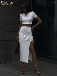 Work Dresses Clacive Summer Slim White Skirt Sets For Women 2 Piece Bodycon Short Sleeve Crop Top With High Waist Slit Long Skirts Set