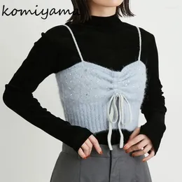 Women's Tanks Beads Diamond Sweater Vest Drawstring Sleeveless Pullover Mohair Tops Spring 2024 Clothes Women Japanese Crop