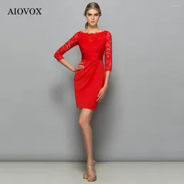 Party Dresses AIOVOX Elegant Lace Stain Red Prom Short Simple Three Quarter Sleeve Sheath Beach Backless Vestido De Gala