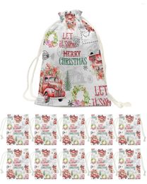 Christmas Decorations Poinsettia Vintage Stamp Truck Gift Bags Drawstring Pouch Candy Snack Bag Packaging Storage