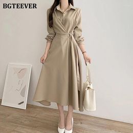 Casual Dresses BGTEEVER Chic Autumn Fashion Turn-down Collar Women A-line Dress Elegant Long Sleeve Belted Slim Waist Ladies Mid-Length