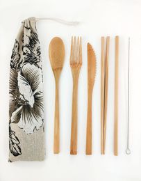 6pcs Reusable Bamboo Wood Cutlery Set Bamboo Flatware EcoFriendly Travel Cutlery Set Wooden Natural Cotton Tableware2648748