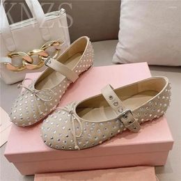 Casual Shoes Spring Round Toe Fashion Buckle Strap Women Mary Janes Genuine Leather Crystal Decor Single 2024