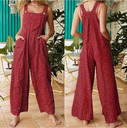 Summer Women Casual Loose Flower Print Jumpsuits Womens Overalls Boho Sleeveless Square Collar Rompers 240429