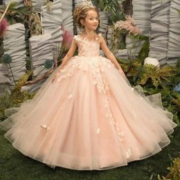 Girl Dresses Pink Floral Girls Party Cute O-Neck Flowers Appliques Floor Length Ball Gowns Fashion Sweet Pography Pageant Wedding