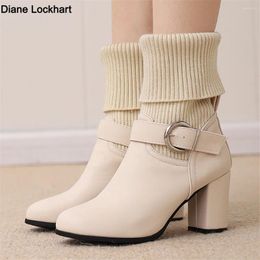 Boots 2024 Autumn Winter Knitted Short Women Ankle Socks Shoes Fashion Buckle Slip On High Heels Botas De Mujer