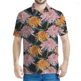 Men's Polos Chrysanthemum Flower 3D Printed Polo Shirt Men Summer Floral Pattern T-shirt Tops Lapel Button Tee Shirts Women Short Sleeves