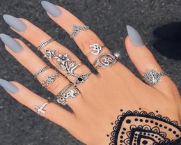 12 PcsSet Women Punk Vintage Knuckle Rings Hippie Flower Elephant Crown Ring Set Personality Jewelry Accessories6658229