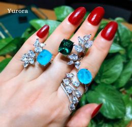 Cluster Rings Luxury Big Flower Zircon Ring For Women Green Crystal Blue Fusion Stone Adjustable Wedding Bridal Promise Fine Jewel9646781