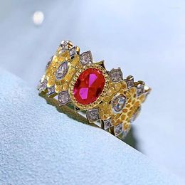 Cluster Rings 14K Gold Crown Ruby Diamond Ring Real 925 Sterling Silver Party Wedding Band For Women Engagement Jewelry Gift