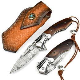 High-End Handmade 227-Layers Damascus Pocket Knife Leather Sheath Wood Handle Tactical Folding Knife For Collection Gift