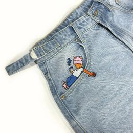 Women's Jeans Aesthetic Simple Korean Pocket Cartoon Graphic Design High Waisted Slouchy Womens Y2k Harajuku Casual Wide Leg Baggy Pants