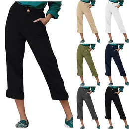 Women's Pants Summer Casual Cropped Solid Colour Trousers Cotton Button Elastic Waist Loose Straight Streetwear