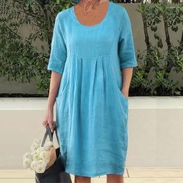 Party Dresses Summer Casual O Neck Pullover Dress Women's Half Sleeve Cotton Linen Pocket 2024 Fashion Simple Solid Colour Holiday