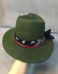 Ethnic Style Green Wide Brim Fedora Hat 100 Wool Women Felt Hats Panama Hat with Turban Ribbon Crushabley Porkpie Style7173682