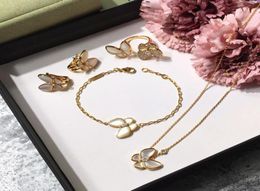 Brand 925 silver four leaf flower Jewellery set for women wedding necklace bracelet earrings ring Butterfly clover mother shell CZ j4502494