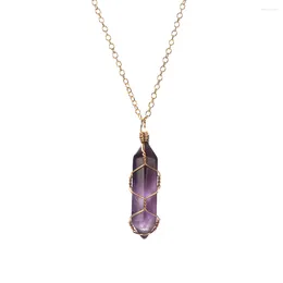 Pendant Necklaces 1Pc Fashion Hexagonal Cylindrical Crystal Necklace Wire Wrap Stone Natural Amethyst Valentine's Day Gift