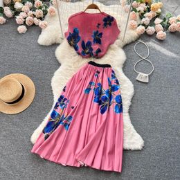 Work Dresses Two Piece Sets For Women Dress Suits 2024 Summer Clothing Floral Print T Shirts A Line Pleated Long Skirt Casual Outfits