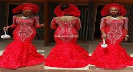 Chic Red Aso Ebi Style Mermaid Evening Dresses 2019 Arabic Off The Shoulder Luxury Crystal Ruffles Train Formal Plus Size Mother D5898301