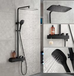 Matt Black Bathroom Rain Shower Set System Wall Mounted Mixer Bath Shower Faucet With Hook And Placement Platform2680239