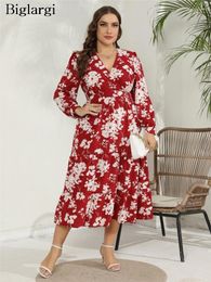 Plus Size Dresses Summer Midi Dress Women Flower Floral Print Fashion Casual Loose Pleated Ruffle Ladies Long Sleeve Woman