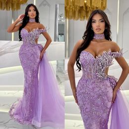 Stunning lavender mermaid Evening Dresses elegant sequins beaded leaf Prom Dress side train arabic Qatar Formal dresses for women