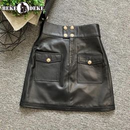 Skirts Autumn Women Real Leather Short Black Sheepskin A-Line Wrap Fashion Party Office Buttons High Waist
