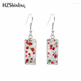 Dangle Earrings 2024 Cherry Painting Rectangular Earring Sweet Fish Hook Glass Cabochon Handmade Jewellery