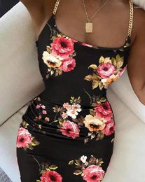 Casual Dresses 2024 Summer Fashion For Women Elegant Sexy U-Neck Sleeveless Floral Print Chain Decor Spaghetti Strap Tight Dress