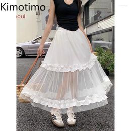 Skirts Kimotimo Women Skirt Korean Style Mesh Pachwork Ruffled Cake A-line Big Swing Long 2024 Summer Solid Fashion Streetwear