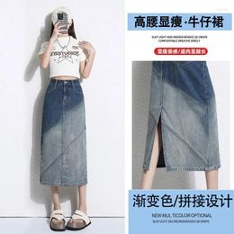 Skirts Gradual Change Of Colour Split Denim Skirt Women 2024 Spring/summer Thin A Word In The Long Bag Hip