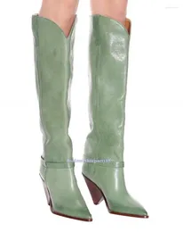 Boots Strange High Heeled Pointed Toe Fashion Light Green Leather Woman Knee Designer Spike Long Rain Botas